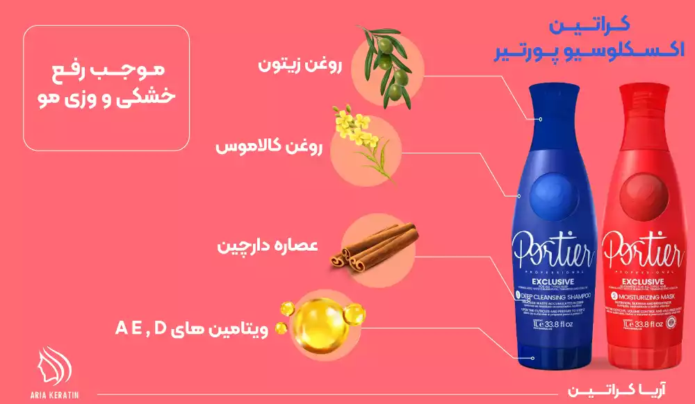 کراتین اکسکلوسیو پورتیر موجب رفع خشکی و وزی مو و صافی بالا میشه و مناسب موهای طبیعی است خرید راحت این محصول در آریا کراتین 