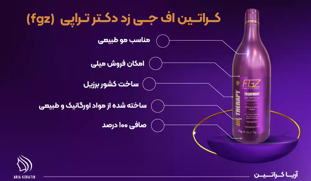 کراتین اف جی زد fgz دکتر تراپی با شاین بالا مناسب مو طبیعی و حتی فر ضخیم و ساخته شده از مواد ارگانیک در آریا کراتین